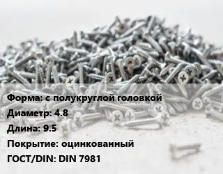 Шуруп с полукруглой головкой 4.8х9.5 оцинкованный ГОСТ: DIN 7981